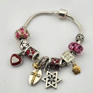 Sterling Silver 925 Charm Bracelet 7.5” Mixed Beads & Dangle Charms